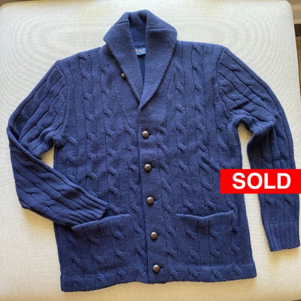 Polo Ralph Lauren Men's New Navy Merino Wool Cable Shawl Cardigan Size Medium